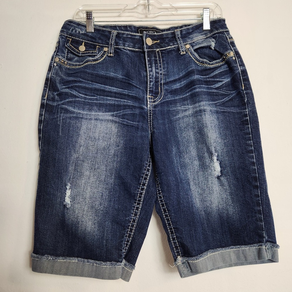 Cato Denim Bermuda Shorts 12 Rhinestone Horseshoe Bling Y2K Western Distressed